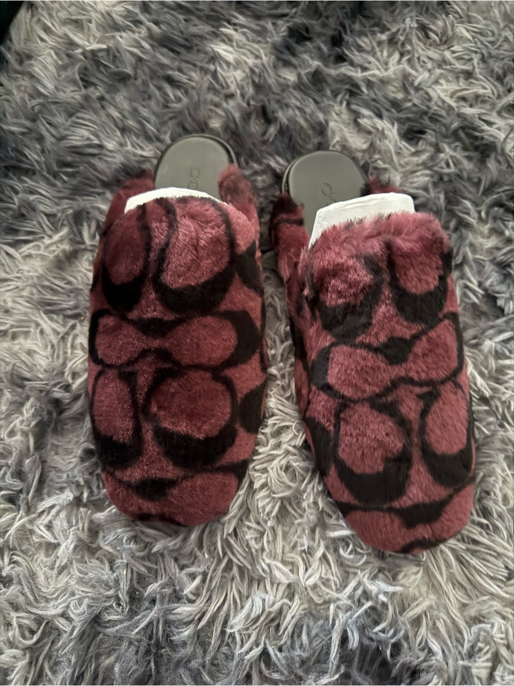 Coach Burgundy and Black Faux-Fur Slide Slippers
